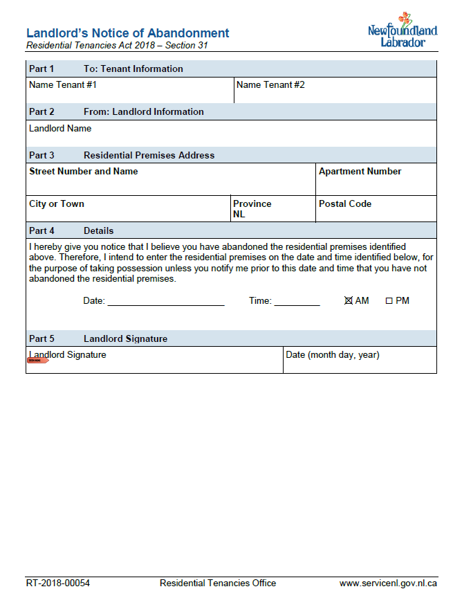 Abandonment of Rental Unit - Renting in NL